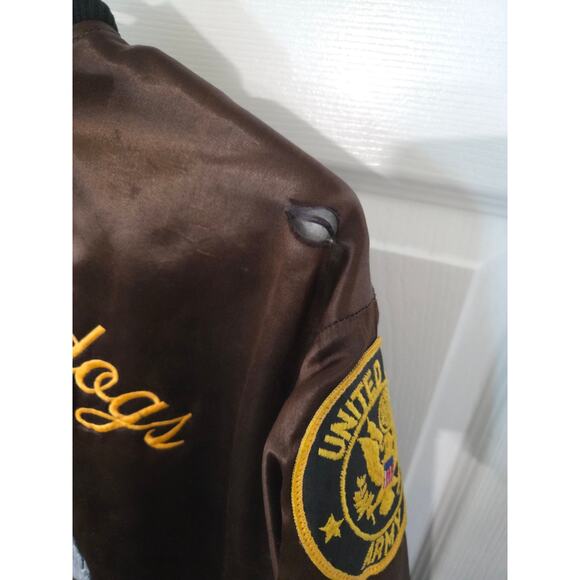 US Army Bravo Bulldogs Embroidered Satin Bomber Jacket Large Brown Street - Picture 11 of 16